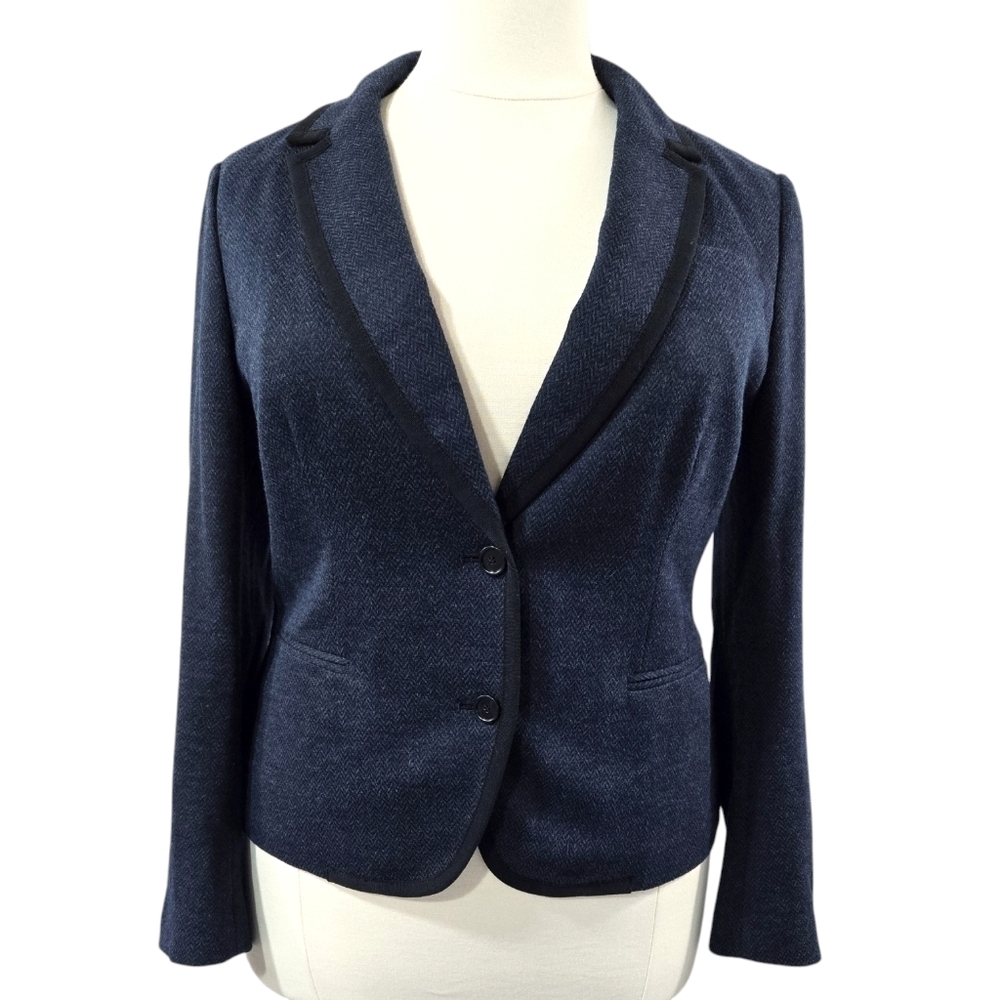 LOFT Wool Blend Navy Blue Herringbone Contrast Trim Blazer Office Preppy